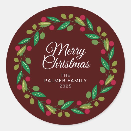 Floral Christmas Wreath familienaam Ronde Sticker (Voorkant)