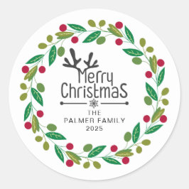 Floral Christmas Wreath familienaam Ronde Sticker