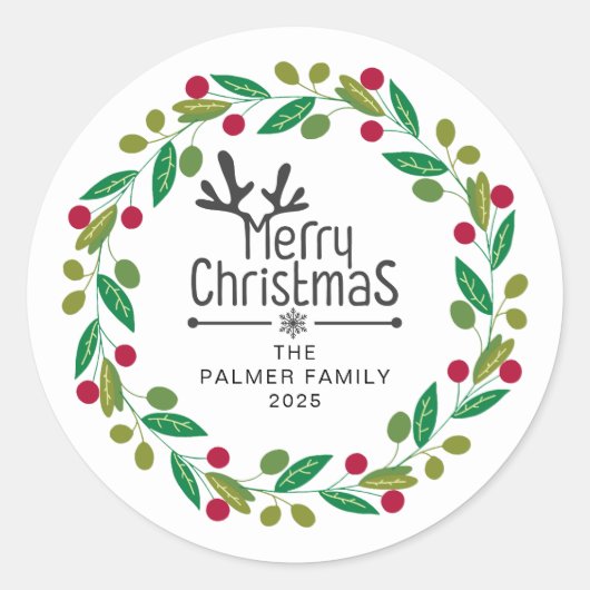 Floral Christmas Wreath familienaam Ronde Sticker (Voorkant)