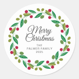 Floral Christmas Wreath familienaam Ronde Sticker