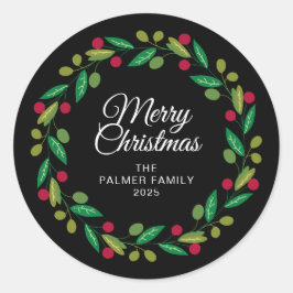 Floral Christmas Wreath familienaam Ronde Sticker