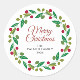 Floral Christmas Wreath familienaam Ronde Sticker