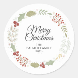 Floral Christmas Wreath familienaam Ronde Sticker