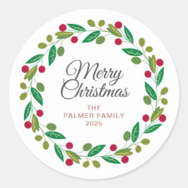Floral Christmas Wreath familienaam Ronde Sticker