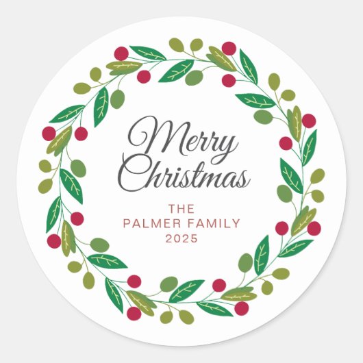 Floral Christmas Wreath familienaam Ronde Sticker (Voorkant)