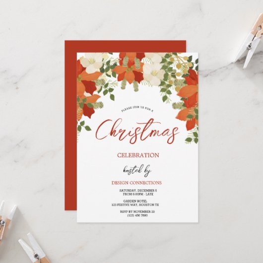 Floral Christmas Wreath Party Kaart (Voorkant / Achterkant in situ)