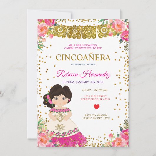 Floral CINCOAÑERA Royal Pink Mexican Kaart (Voorkant)