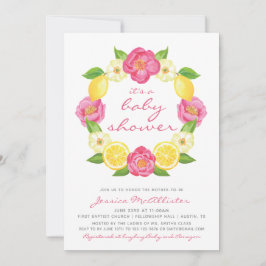 Floral Citrus Yellow Pink Rose Girl Baby shower Kaart
