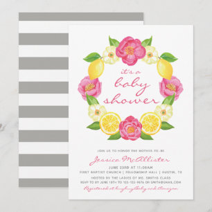 Floral Citrus Yellow Pink Rose Girl Baby shower Kaart