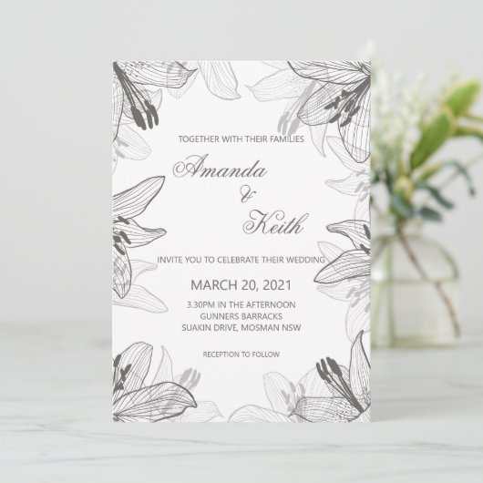 Floral Classic Black & White Wedding Invitation Kaart (Staand voorkant)
