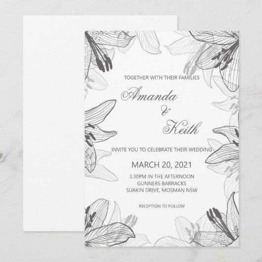 Floral Classic Black & White Wedding Invitation Kaart (Voorkant / Achterkant)