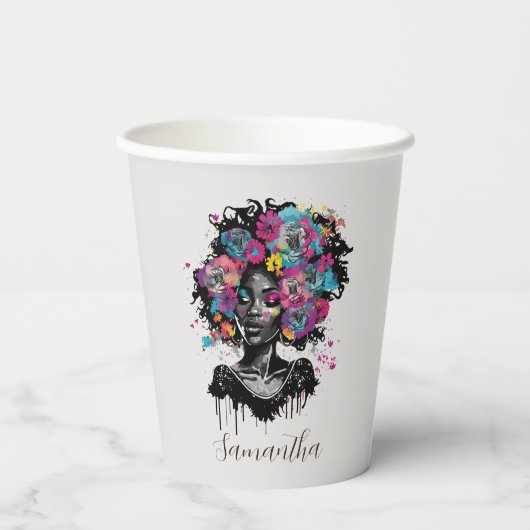Floral Classy Afro Woman Papieren Bekers (Achterkant)