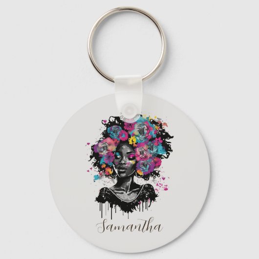 Floral Classy Afro Woman Sleutelhanger (Voorkant)