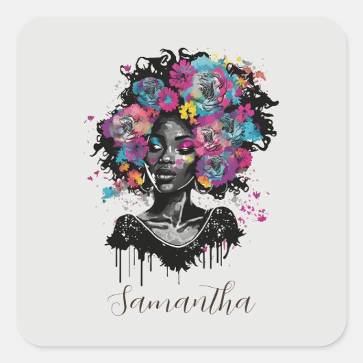 Floral Classy Afro Woman Vierkante Sticker (Voorkant)
