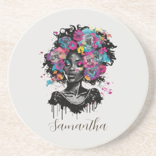 Floral Classy Afro Woman Zandsteen Onderzetter