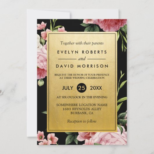  Floral Classy Golden Formal Wedding Invite Kaart (Voorkant)