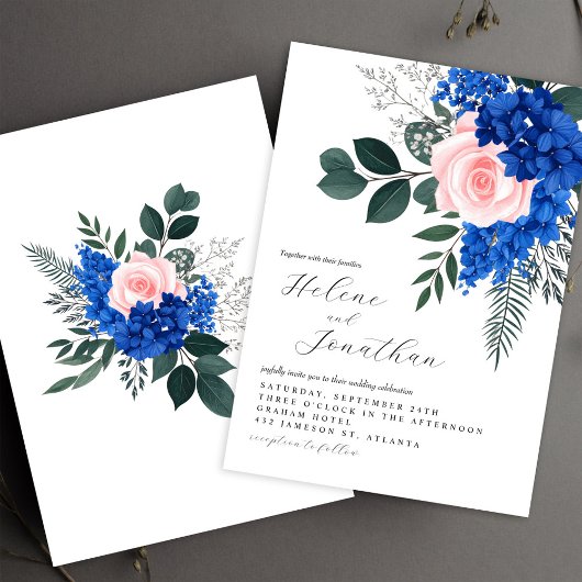 Floral Cobalt Blue Pink Garden Elegant Wedding Kaart