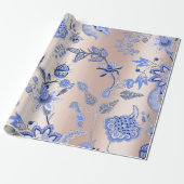 Floral Cobalt Blue Roze roze roodbruin Orichid Cadeaupapier (Uitgerold)