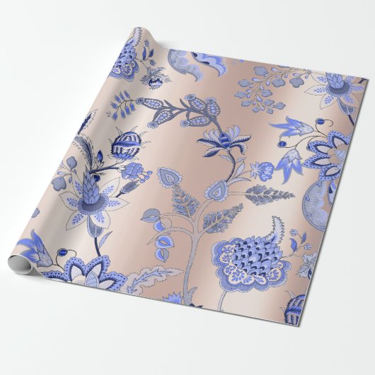 Floral Cobalt Blue Roze roze roodbruin Orichid Cadeaupapier (Uitgerold)