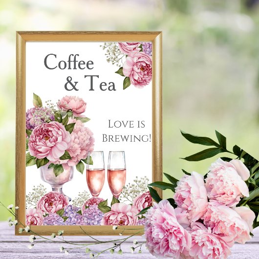 Floral Coffee and Tea Love is Brewing Sign Kaart
