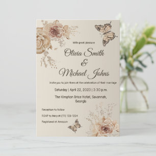 Floral Coffee Cream elegant Butterfly boho Wedding Kaart