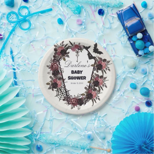 Floral Coffin Halloween Baby shower Papieren Bordje (Feest)