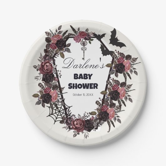 Floral Coffin Halloween Baby shower Papieren Bordje (Voorkant)