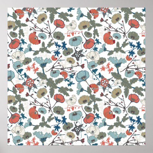 Floral Colorful Joyful Blue Oranje Green Poster (Voorkant)