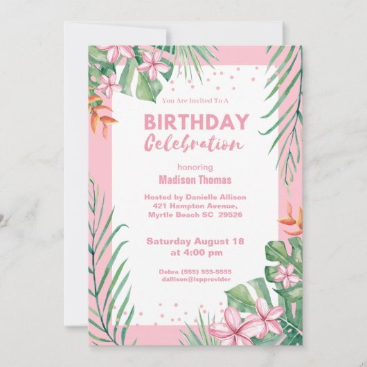 Floral Confetti Birthday Party, voor dames roze Kaart (Voorkant)