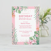 Floral Confetti Birthday Party, voor dames roze Kaart (Staand voorkant)