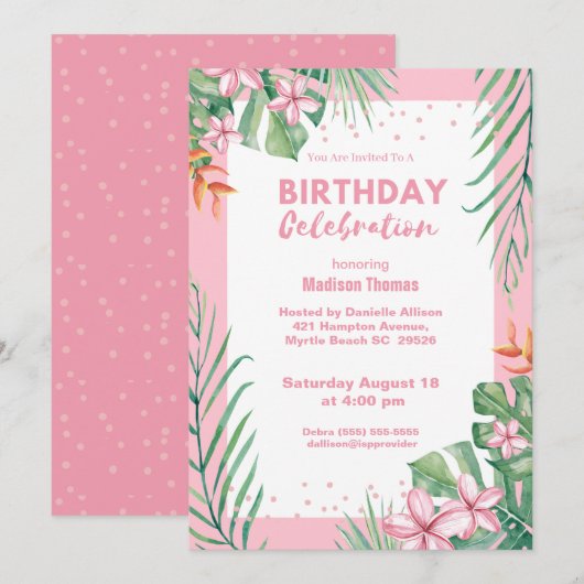Floral Confetti Birthday Party, voor dames roze Kaart (Voorkant / Achterkant)