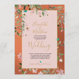 Floral Coral Elegant Pink Gold Chinoiserie Weddens Kaart
