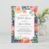 Floral Coral Foliage Navy Blue Vrijgezellenfeest Kaart (Staand voorkant)