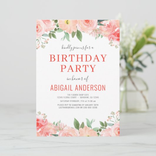 Floral Coral Peach Verjaardag Elke leeftijd Modern Kaart (Staand voorkant)