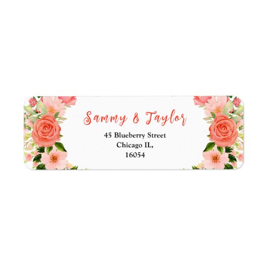 Floral Coral Red Roses with Foliage Wedding Etiket (Voorkant)