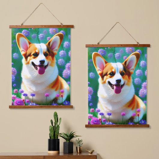 Floral Corgi Hangend Wandkleed (Asymmetrisch)