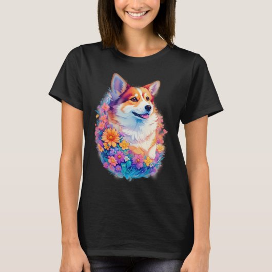 Floral Corgi rainbow  Cute Dog Graphic T-shirt (Voorkant)