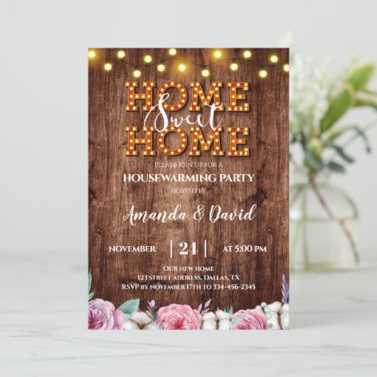 Floral Coton Rustic Housewarming Party Invitation Kaart (Staand voorkant)