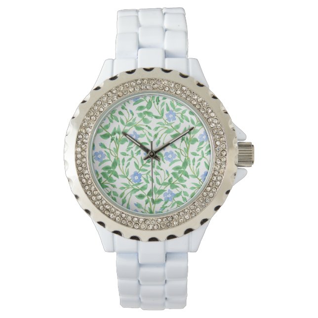 Floral Country-achtige Blue White Periwinkle Patte Horloge (Voorkant)