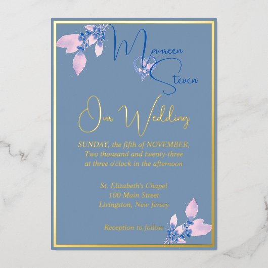 Floral Country Blue Wedding Gold Folie Uitnodiging (Voorkant)