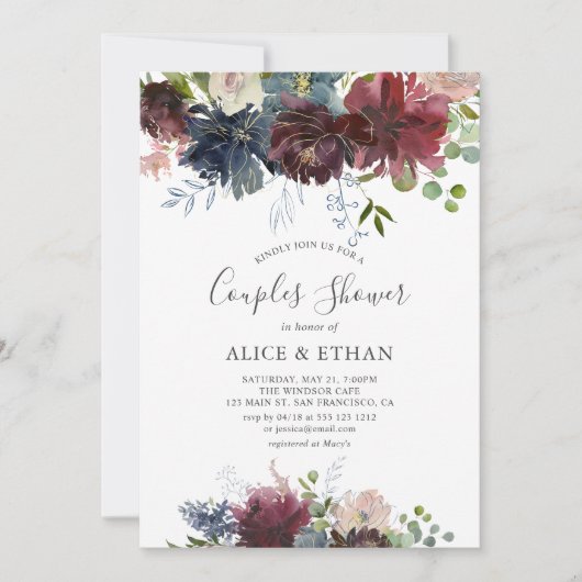 Floral Couples — Blauwe Waterverf en Bourgogne Kaart (Voorkant)