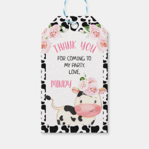 Floral Cow met Cow Print Birthday Favor tag Cadeaulabel