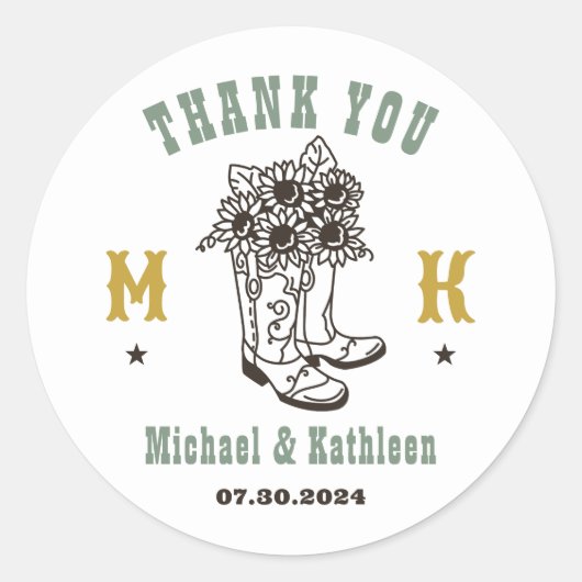 Floral Cowboy Boots Western Land Rustic Wedding Ronde Sticker (Voorkant)