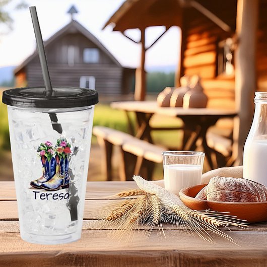 Floral cowgirl laarzen gepersonaliseerd acryl drinkbeker