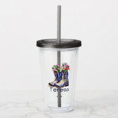 Floral cowgirl laarzen gepersonaliseerd acryl drinkbeker (Voorkant)