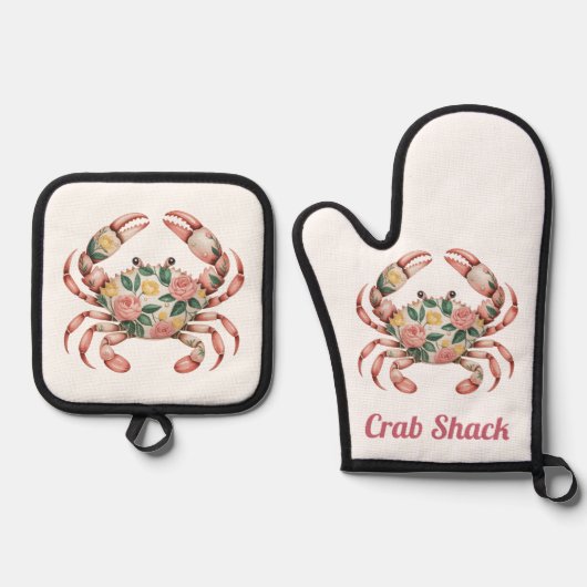 Floral Crab Art Coastal Design Ovenwant & Pannenlap Set (Voorkant)