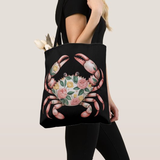 Floral Crab Art Coastal Design Tote Bag (Dichtbij)