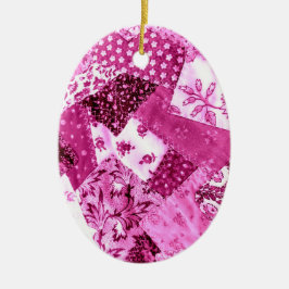 Floral Crazy Quilt Patchwork Wit Roze Magenta Keramisch Ornament
