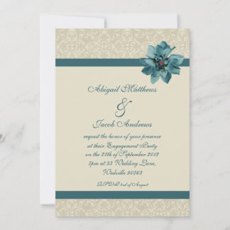 Floral Cream and Blauwgroen Blue Engagement Party Kaart