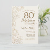 Floral Cream Gold Foto 80e Verjaardagsfeest Kaart (Staand voorkant)